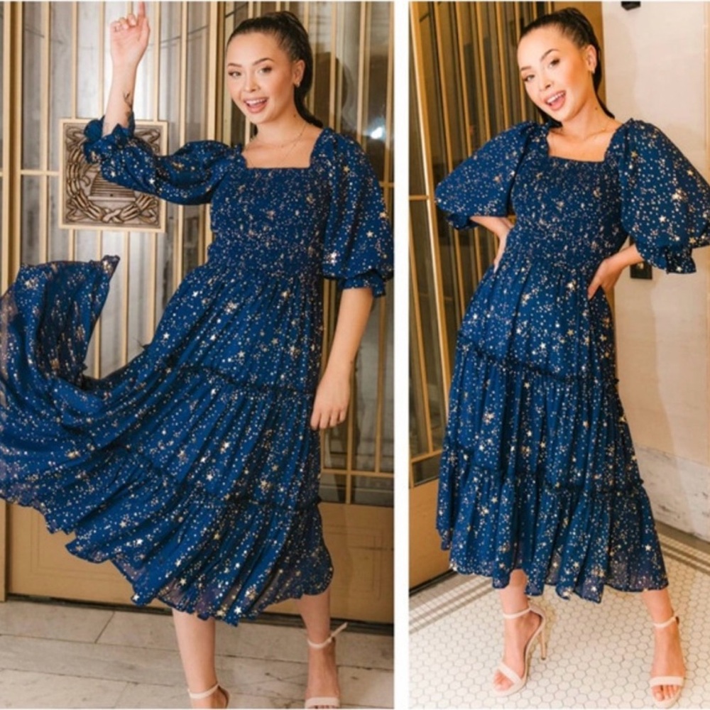 Ivy City Co Navy Starry Long Sleeve Dress
